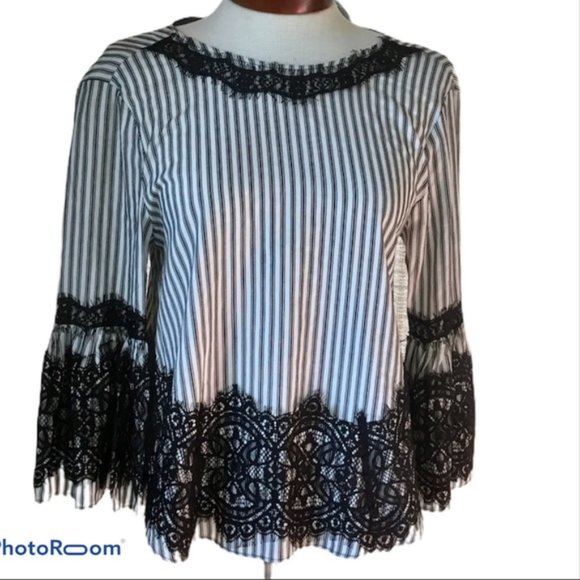 Zara Woman Vertical Stripes Top With Lace Details - Picture 1 of 4